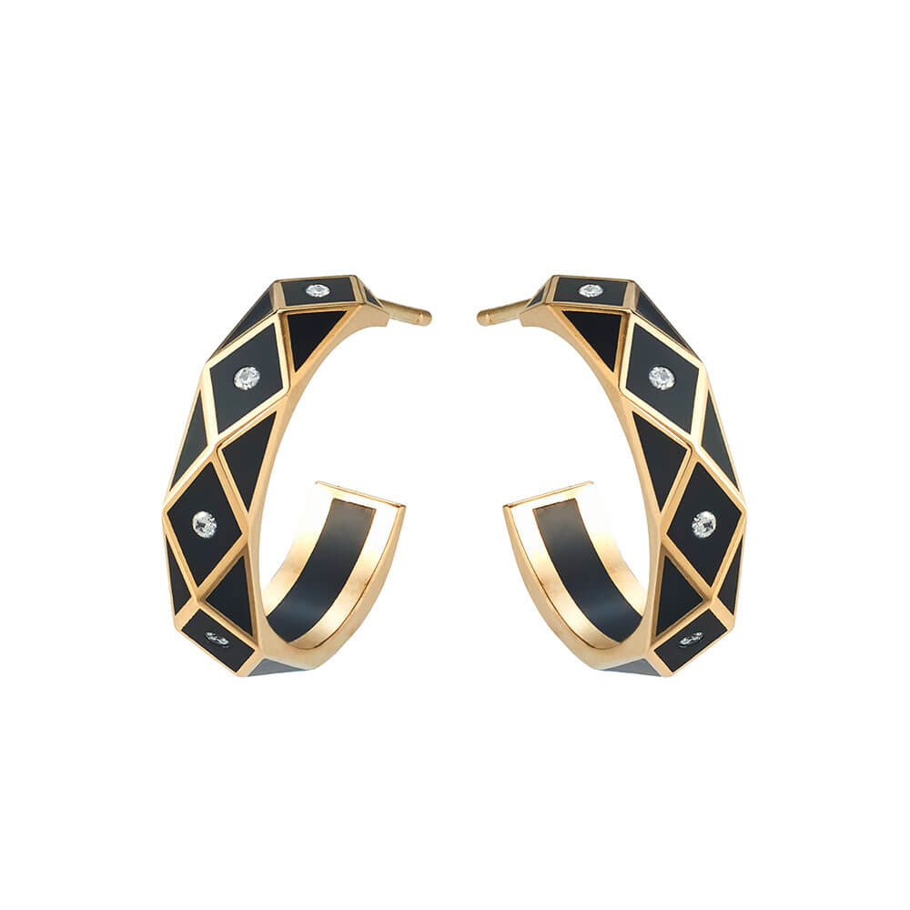 18 karat yellow gold hoops with diamonds set in black ceramic