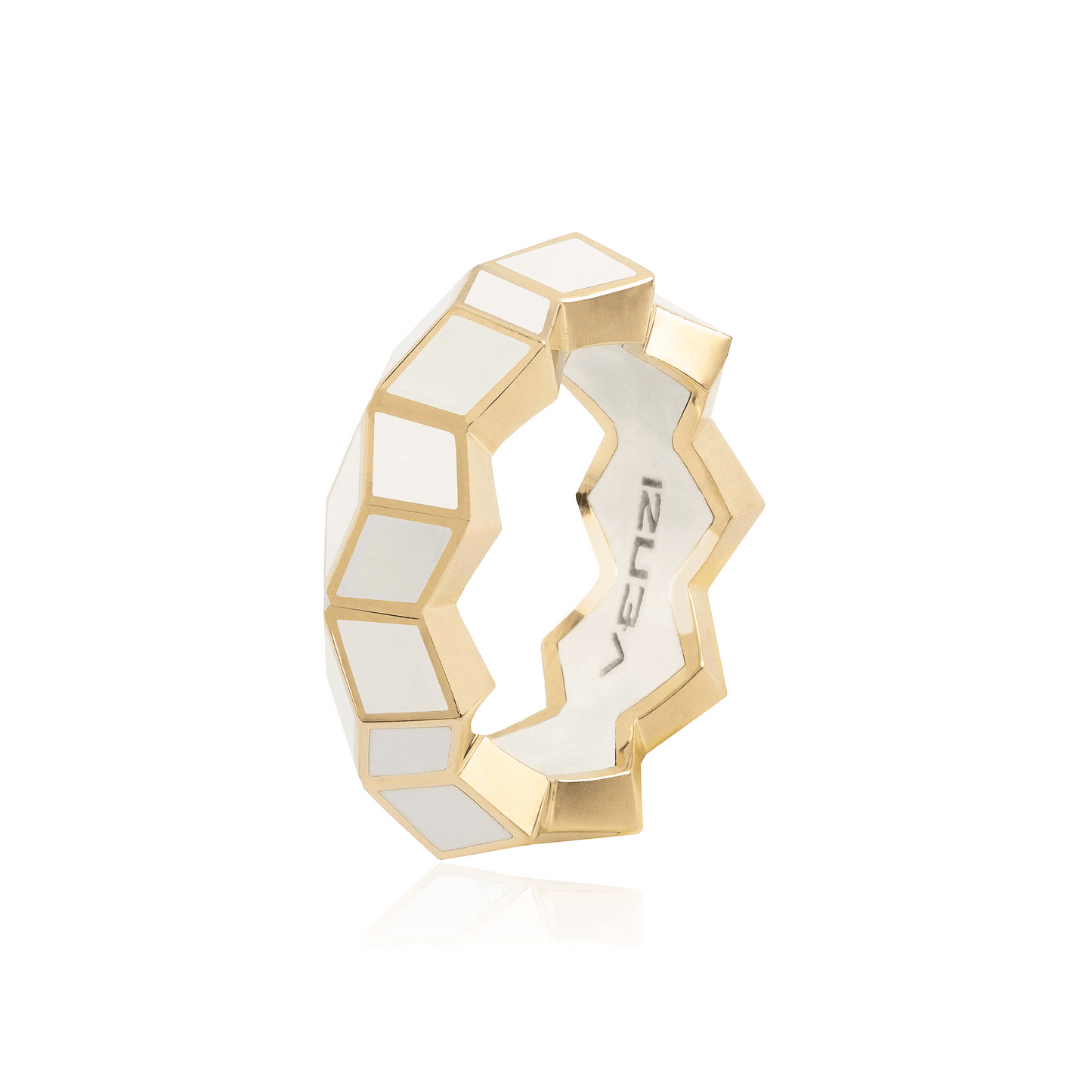 geometric ring band in 18 carat Yellow gold and high polish luxe white ceramic.