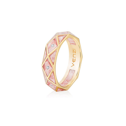 RINGS BAND IN 18 KARAT YELLOW GOLD WITH DIAMONDS SET IN ROSE PEARL CERAMIC