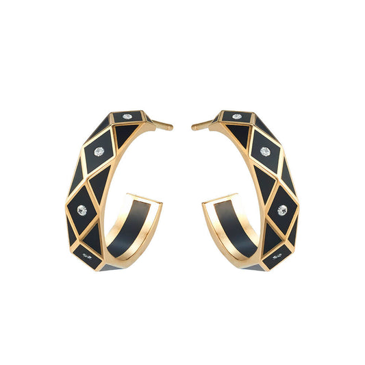 18 karat yellow gold  hoops with diamonds set in black ceramic