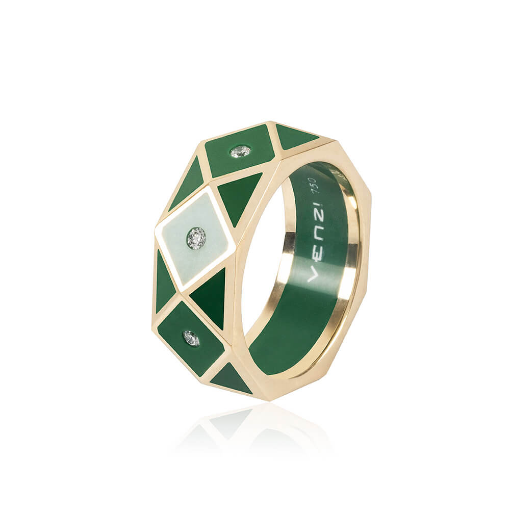 Geometric ring made in 18k yellow gold with round diamonds set in green ceramic
