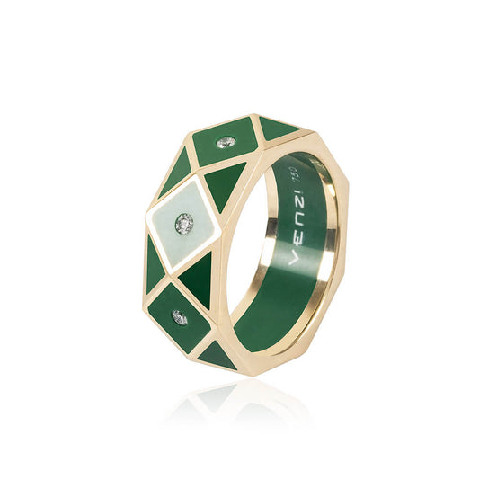 Geometric ring made in 18k yellow gold with round diamonds set in green ceramic