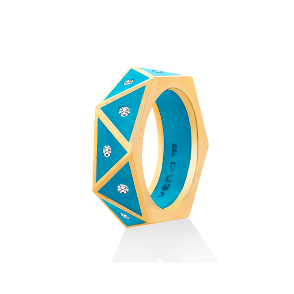 18 karat yellow gold ring with diamonds set in blue ceramic