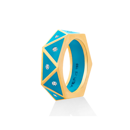 18 karat yellow gold ring with diamonds set in blue ceramic