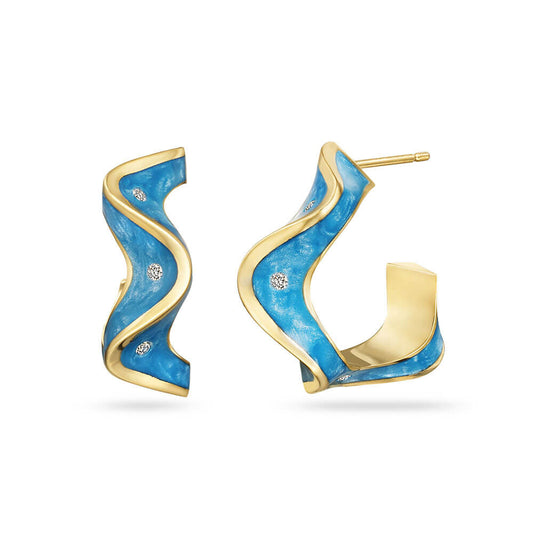 hoop earrings in 18 karat yellow gold with round diamonds set in blue ceramic
