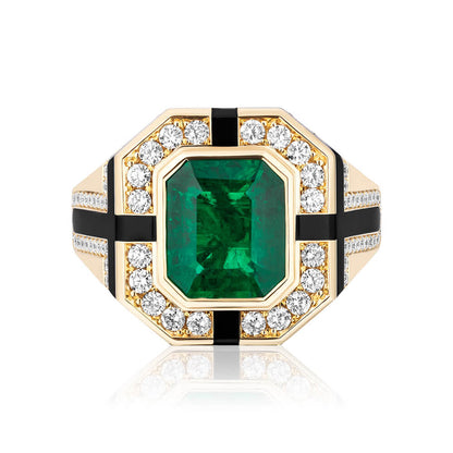 colombian emerald from the muzo region and diamonds set in 18 carat yellow gold and black ceramic