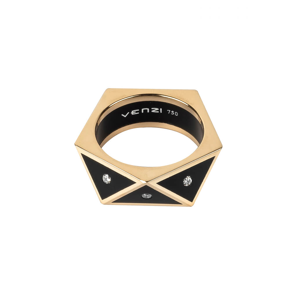 round brilliant diamonds, gold and black ceramic ring band