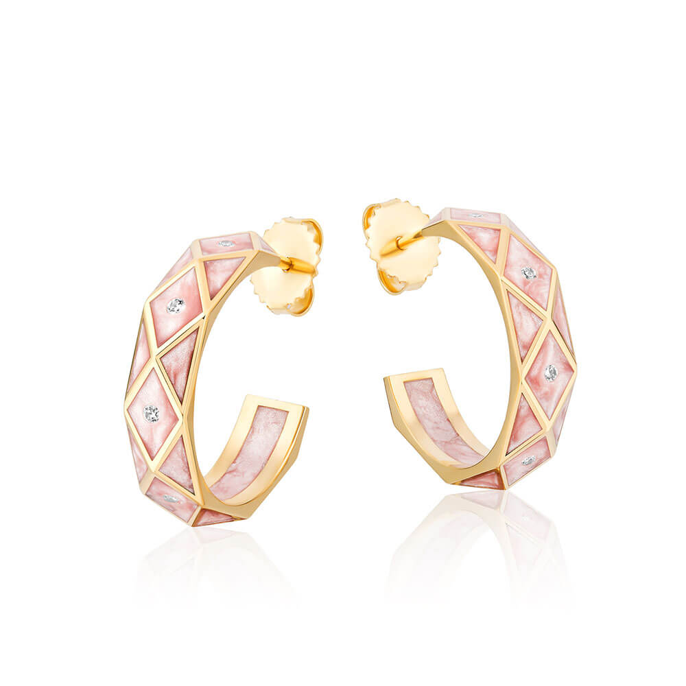 hoop earrings hand crafted in 18 carat yellow gold and round diamonds set in rose pearl ceramic
