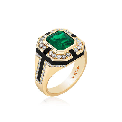 certified colombian emerald and round diamonds set in 18 karat yellow gold and black ceramic ring
