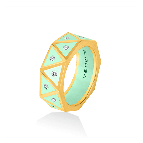 18 karat gold ring with diamonds set in light green ceramic