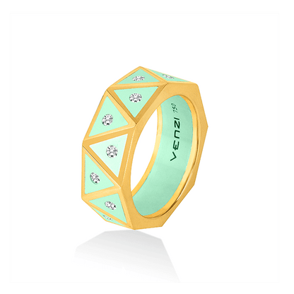 18 karat gold ring with diamonds set in light green ceramic