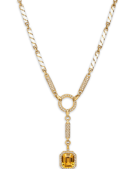 18 carat yellow gold necklace with round paved diamonds links and Citrine pendant-embeished-with-white-hyceram