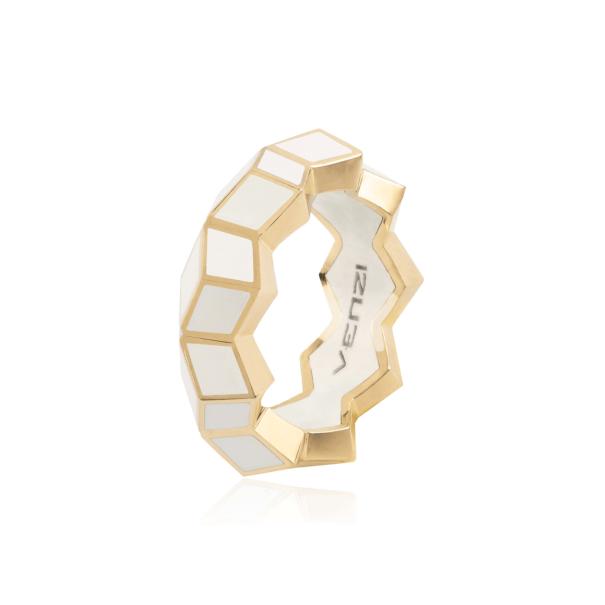 geometric ring band in 18 carat Yellow gold  and high polish luxe white ceramic.