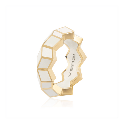 geometric ring band in 18 carat Yellow gold  and high polish luxe white ceramic.