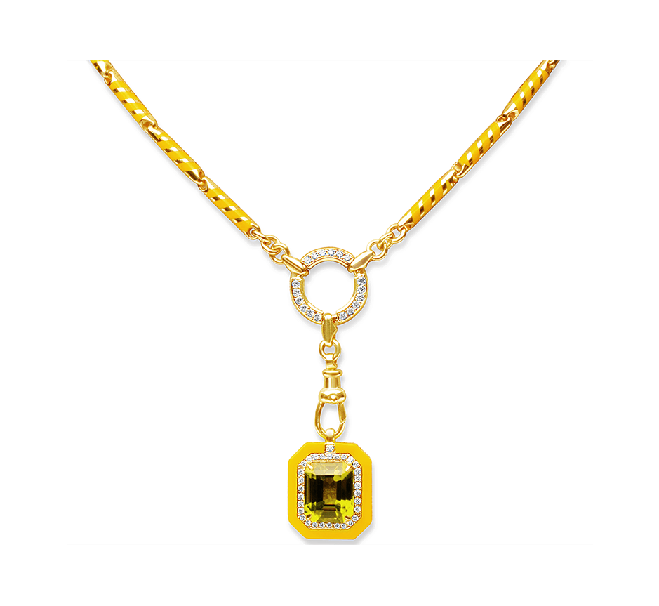 natural peridot and diamonds set in 18 carat yellow gold and yellow high polish ceramic