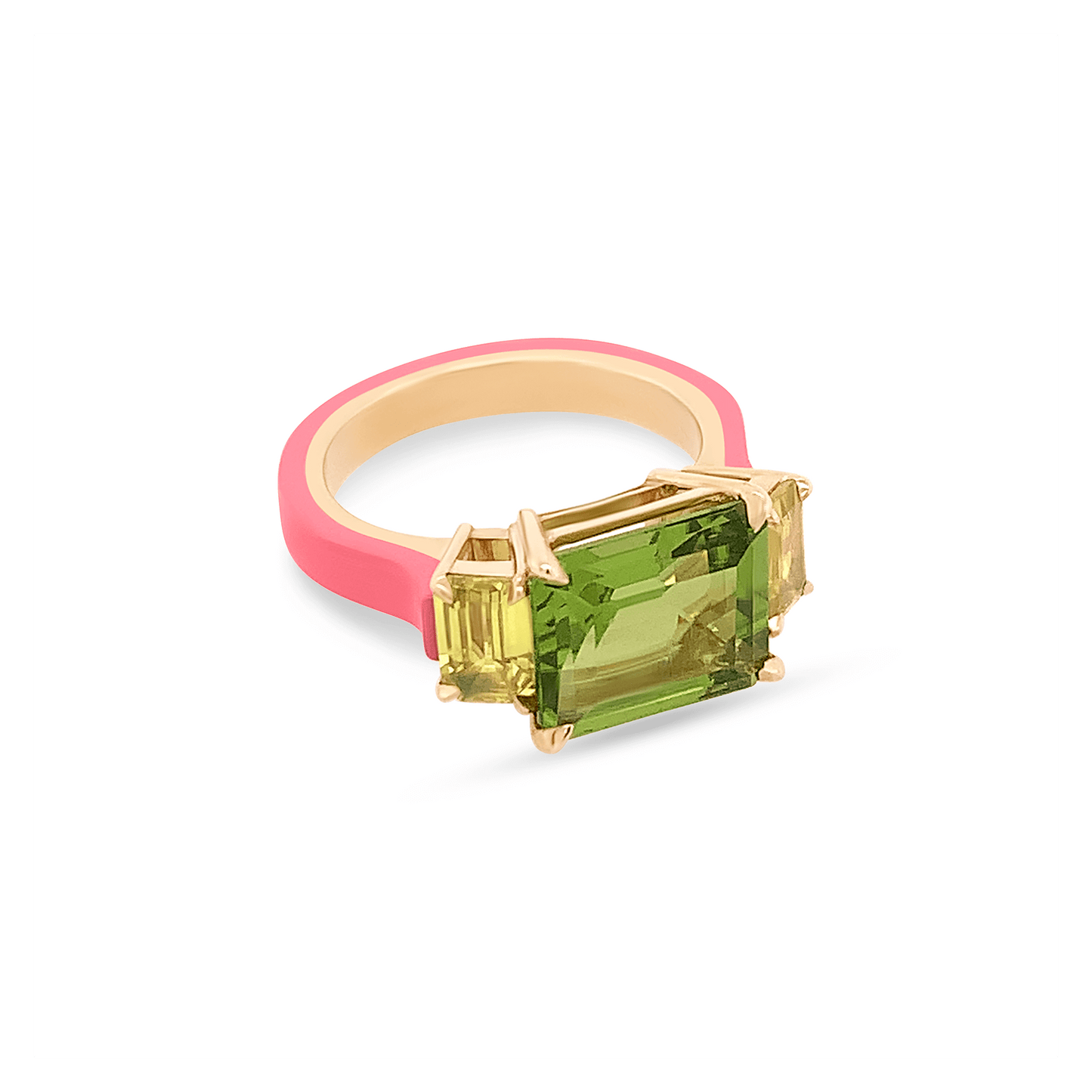 3 stone ring, peridot, sapphires, 18 karat yellow gold and ceramic