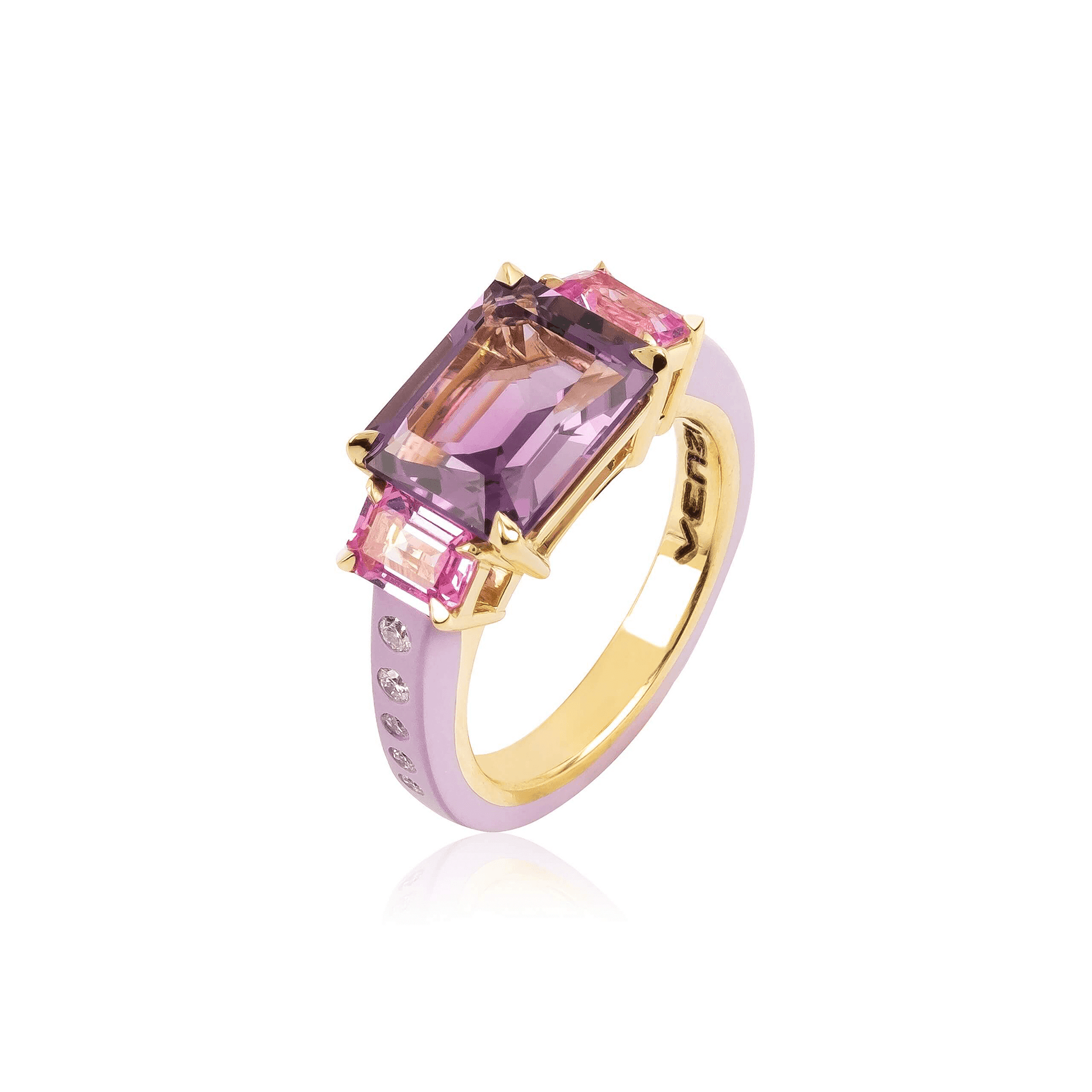 3 Stone Ring in 18 karat yellow gold and high polish luxe ceramic set with natural amethyst, pink sapphires and Diamonds.