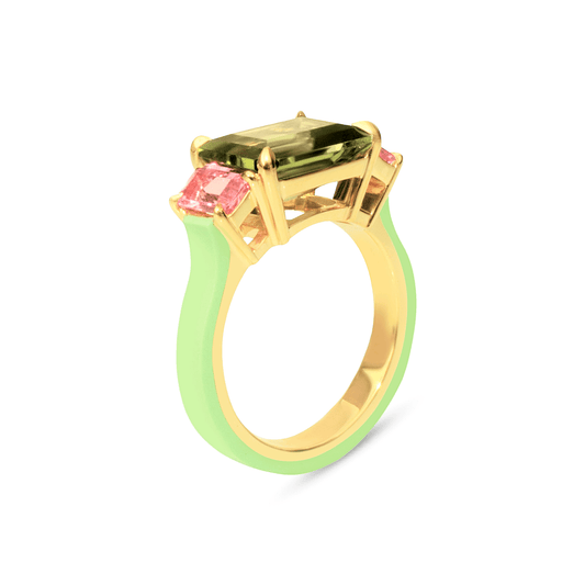 3 stone ring; Peridot and sapphires set in 18k gold and ceramic