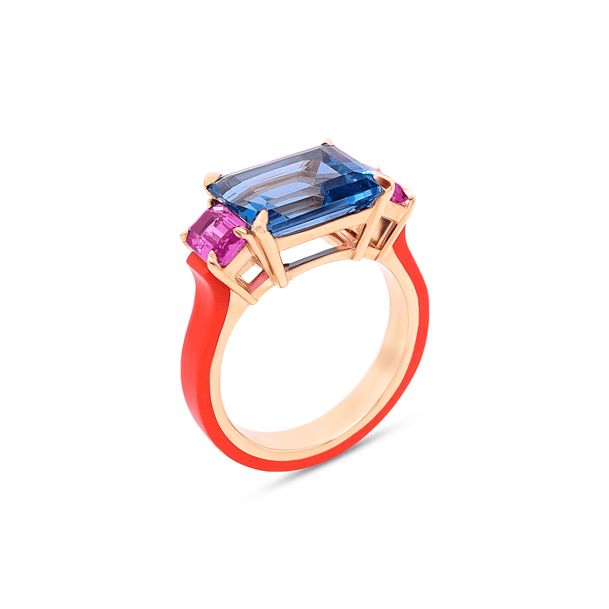 3 stone ring; topaz, sapphires set in 18k gold and orange ceramic