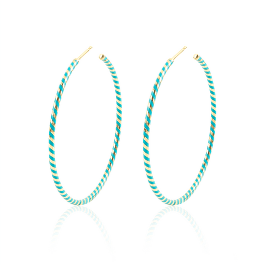 Spiral hoops in 18 carat gold and turquoise high polish luxe ceramic