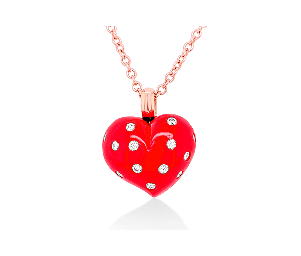 heart shape love pendant in rose gold with brilliant-cut round diamonds set in red ceramic