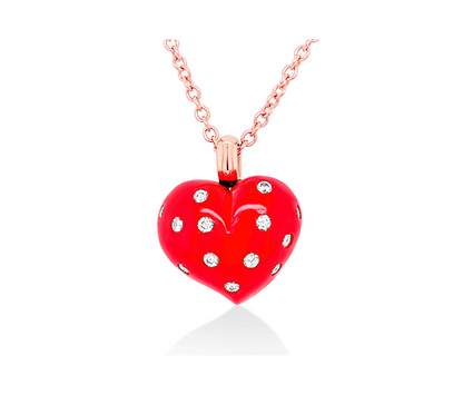 heart shape love pendant in rose gold with brilliant-cut round diamonds set in red ceramic