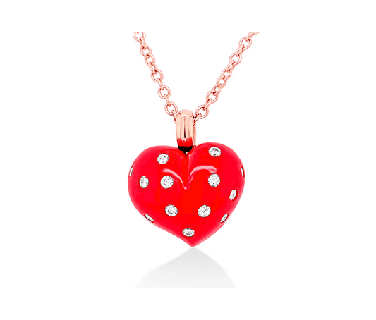 heart shape love pendant in rose gold with brilliant-cut round diamonds set in red ceramic