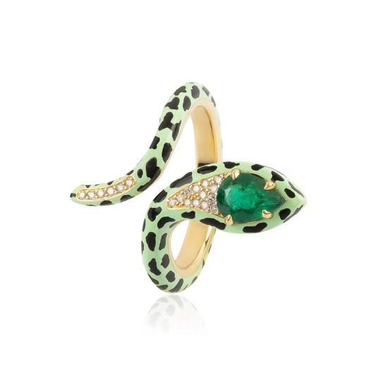 snake ring with emerald and diamonds set in 18k gold , green and black ceramic