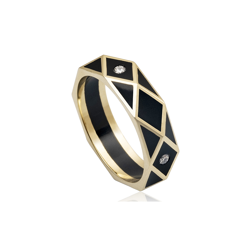 18 carat gold and diamonds set in black ceramic  ring band